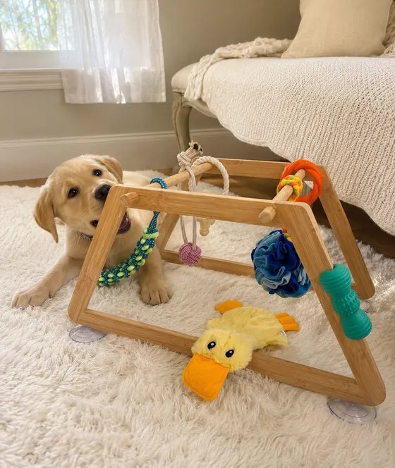 Golden retriever puppy beside the Nurtino bamboo play gym on a rug