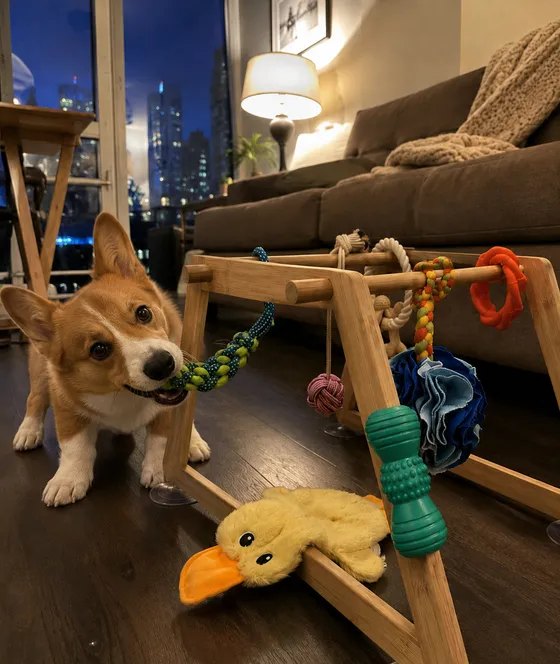 Corgi puppy tugging a rope toy on the bamboo play gym