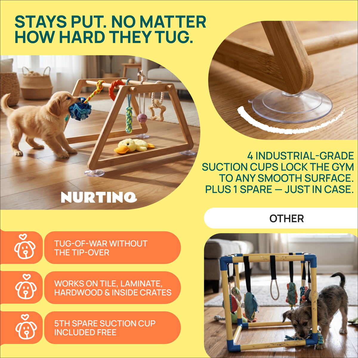 Stays put no matter how hard they tug: 4 industrial-grade suction cups plus a spare hold the gym on tile, laminate and hardwood