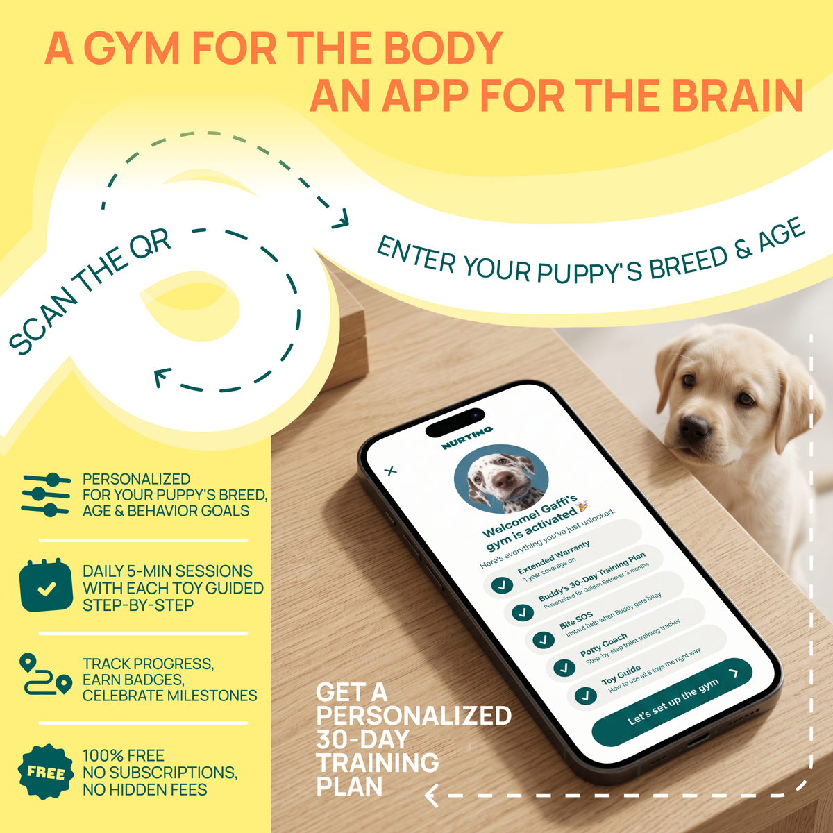 A gym for the body, an app for the brain: scan the QR code, enter your puppy's breed and age, get a personalized 30-day training plan
